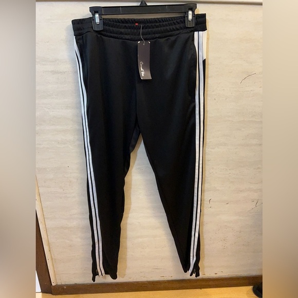 Carol Vee Pants - NWT- Carol Vee Black Track Pants with White Stripes